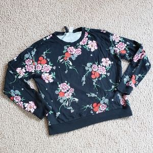 Super Cute H&M Cotton Sweatshirt Black with Pretty Pink Red Green Floral Flowers